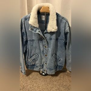 Carly Jean Los Angeles Blue Denim Jacket with Cream Sherpa Collar